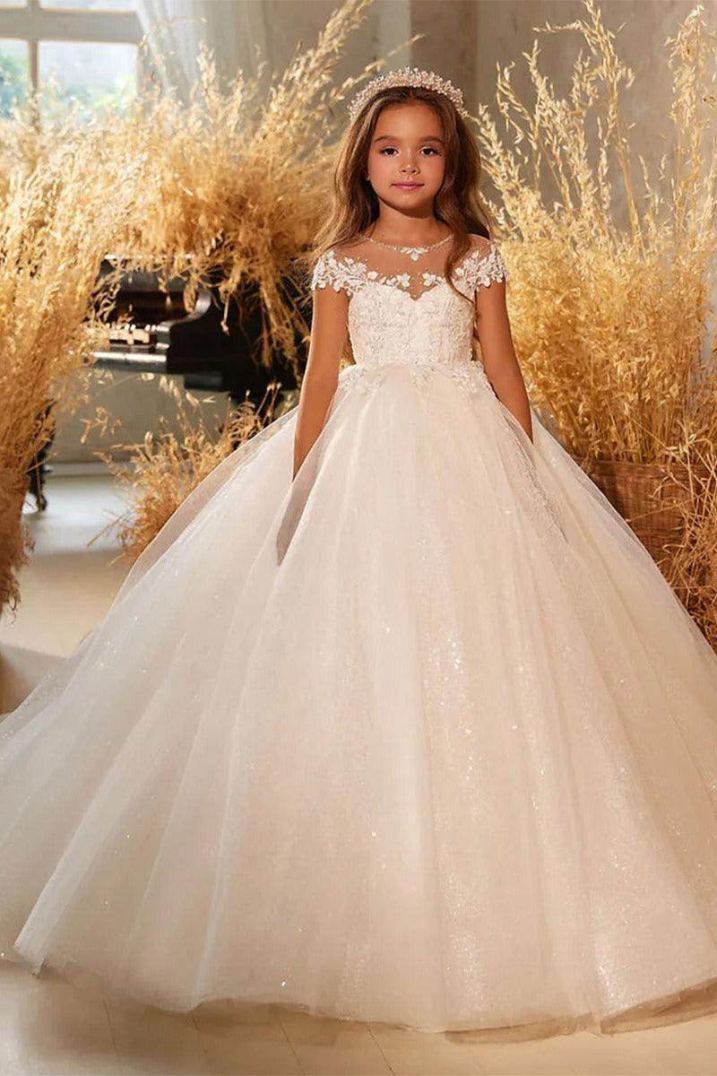 A-Line Illusion Neck Short Sleeve Sparkle Tulle Court Train Flower Girl Dresses 771199101200 - COCOMELODY